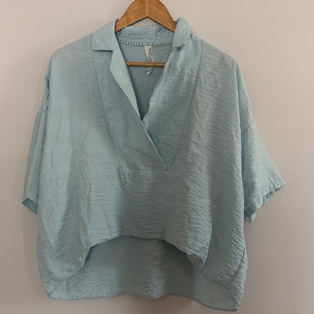 Anthropologie Light Blue Oversized V-Neck Short Sleeve Blouse
